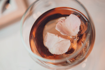 Beautiful women's cocktail decorated with pink rose petals with ice in glass. Closeup with bokeh. 