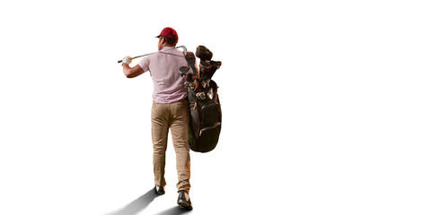 Male golf player on white background. Isolated golfer walking with golf bag. Back view