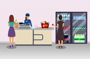 Supermarket cashier  and buyer pays purchase. Cash register desk. Cash  payment. Vector illustration