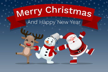 Merry christmas and happy new year companion, Santa claus, snowman and reindeer holding hand each other and celebrate in winter season.