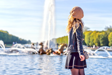 Woman in Paris, France. Young tourist girl admiring the views. French dressed style. Portrait soft bokeh backgrounds - obrazy, fototapety, plakaty