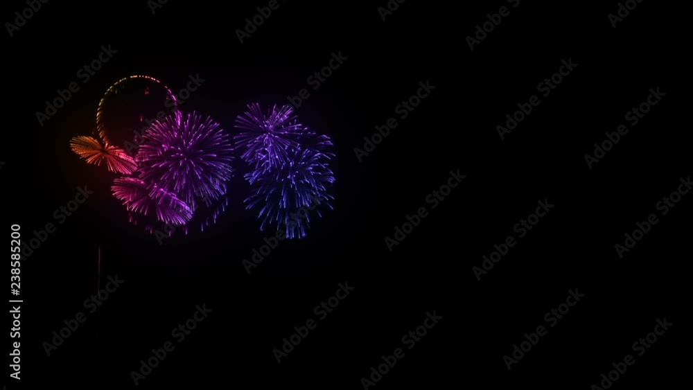 Poster multiple volleys of fireworks isolated on black background. 3d animation 3d render. multicolored com