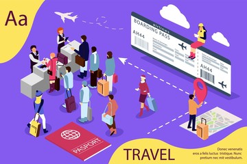 Airport isometric travel concept with reception and passport check desk, waiting hall, control. Illustration for web page, banner, social media, documents, cards, posters.