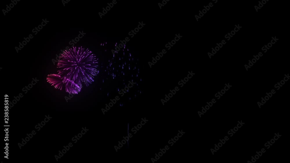Poster multiple volleys of fireworks isolated on black background. 3d animation 3d render. multicolored com