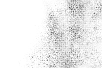 Black Halftone Texture On White Background. Modern Dotted Futuristic Backdrop. Fade Noise Overlay. Digitally Generated Image. Pop Art Style. Vector Illustration, Eps 10.