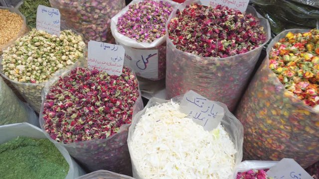 Dried rosebuds and herbs at Tajrish Bazaar of Tehran, Iran