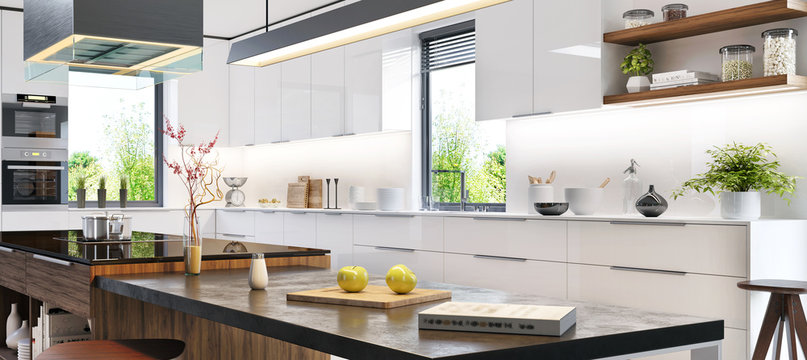 Luxurious interior of white modern kitchen