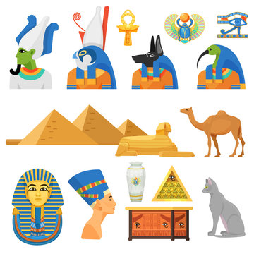 Egypt culture set. Gods, sacred animals, international architectural monument.