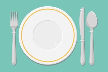 Cutlery on the table, table setting. Empty plate, fork, spoon, knife. Vector illustration.