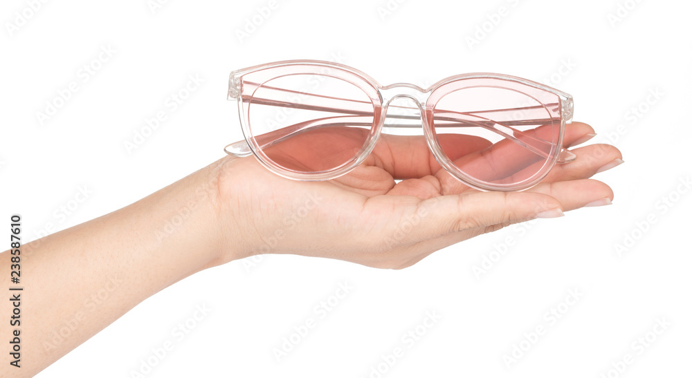 Sticker hand holding Pink sunglasses on white background