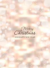Christmas glowing vertical background. Holiday New Year abstract glitter. Winter decorative texture blurred bokeh. Vector