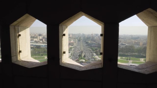 View of Tehran through windows of Azadi Tower, Iran