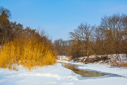 winter frozen river scene at the bright day - Powered by Adobe