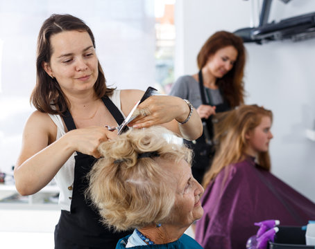 Hairdresser making hairstyle for elderly female