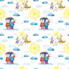 Seamless pattern. Sky with clouds, clouds, rain, sun, bunnies and foxes. Watercolor painting for decoration of cards, invitations, stickers, posters for the children's room, textiles and wallpaper.