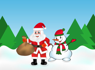 Santa Claus with keeps a bag full of gifts and Snowman in the snow forest on the background of Christmas trees. Vector