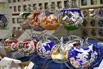 Florence, ITALY - 8th December 2018: Painted Christmas balls in a Christmas market in the center of Florence, Italy.