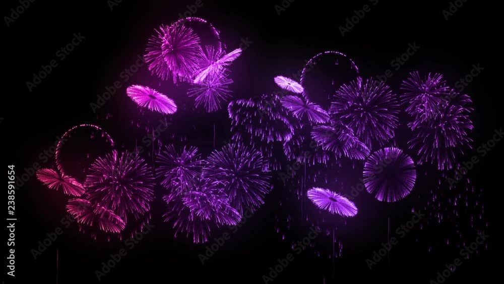 Poster multiple volleys of fireworks isolated on black background. 3d animation 3d render. multicolored com