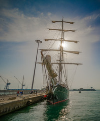 'Nave Italia' moored at the Port of Livorno. it is a brigantine, active as a sail training vessel for the Italian Navy. Nave Italia is the biggest sailing brig in the world