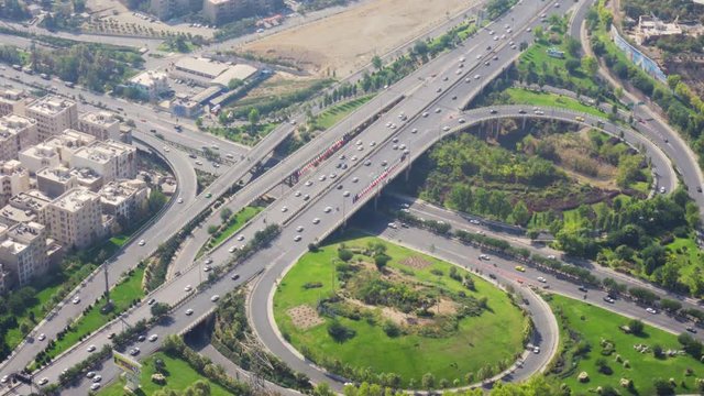 Aerial view of two-level road junction in Tehran, Iran