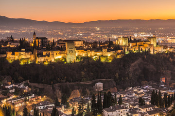 Fototapeta na wymiar alhambra of granada by night in autumn vibes, cityscape in spain andalusia