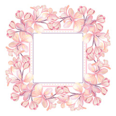 Illustration of watercolor hand drawn frame witn pink plumeria flowers isolated on white background. For cards, wedding invitation, posters.