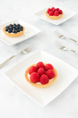 Homemade Raspberry and Blueberry Tartlets on White Marble