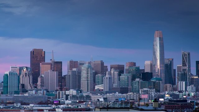 Panoramic San Francisco Skyline. Sunlight Reflections off the Skyscrapers of the New Modern Downtown at Sunset