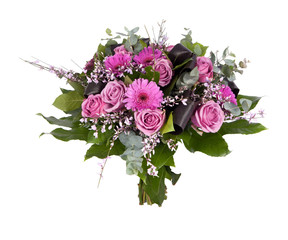 Bouquet of different purple and pink flowers on a white background