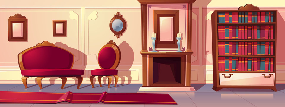 Vector cartoon illustration of luxury living room with fireplace. Rich ballroom or hallway with moldings, sofa and red carpet. Expensive interior with furniture in baroque or rococo style.