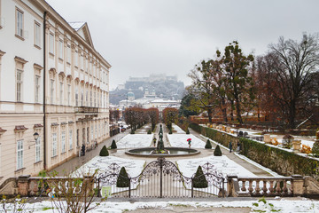 views to hohensalzburg fortress from mirabell gardens at winter