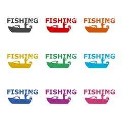 Fisherman in a boat sign, Fishing logo, color set