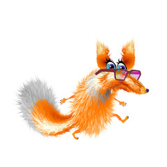 Fluffy cute fox in glasses cartoon on light background. Orange cute, isolated. Vector illustration and funny
