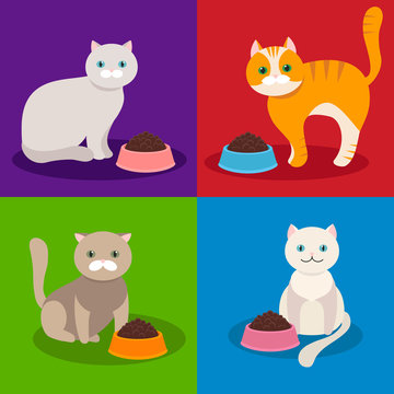 Cat eating food from a bowl. Vector illustration.