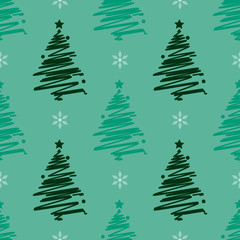 New Year Christmas winter holidays seamless pattern with green christmas tree and snowflake