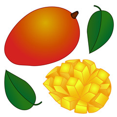 Yellow-red tropical mango fruit with green leaf and and a slice of mango.