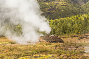 Fototapeta na wymiar Hot geothermic steam on golden circle of Iceland