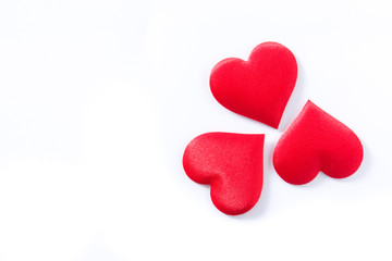 Red hearts pattern isolated on white background. Top view. Copyspace