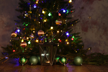Christmas composition with dressed Christmas tree in the background