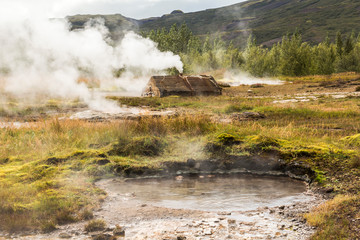 Hot geothermic steam on golden circle of Iceland