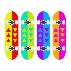 Skateboards. A set of skateboards with different colors of boards. Bright skateboard drawings. Vector illustration. EPS 10.