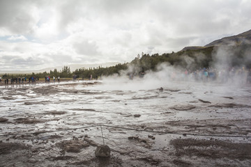 Steam on Geysir Strokkur before eruption in Iceland