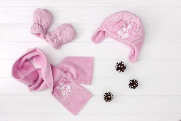Obraz na płótnie Canvas Autumn or winter fashion outfit. Baby girl pink set of clothing on the wooden background.