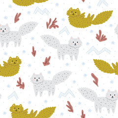 Funny childish ornament with snow foxes. Cute hand-drawn cartoon animals. Perfect for textile, kid's clothes, wallpapers. Vector seamless pattern.
