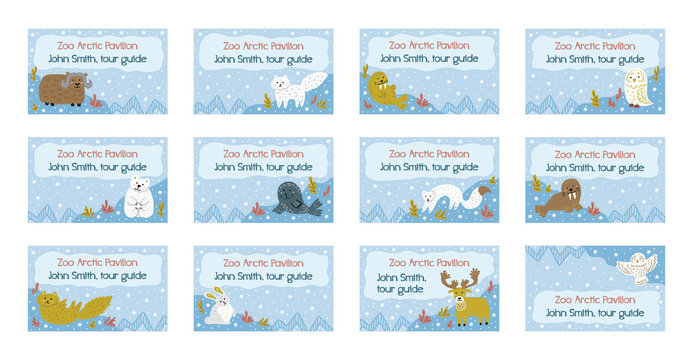 Collection of nametags template. Cute winter background. North pole animals. Hand-drawn childish illustrations. Vector template.