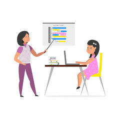 Small girl sitting in front of her laptop computer and listen teacher.