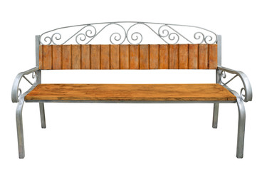 Brown wooden bench with metal legs, armrests and floral ornament on top of the backrest (design element)