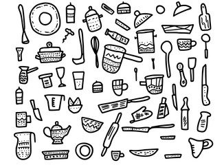 Set of vector kitchen equipments in doodle style.