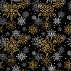 Seamless pattern with gold, white and gray snowflakes on black background. Christmas design. Could be used for gift wrapping paper, prints, fabrics, textiles, web design