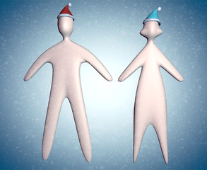 3d couple illustration in christmas santa hat full body with snowflakes